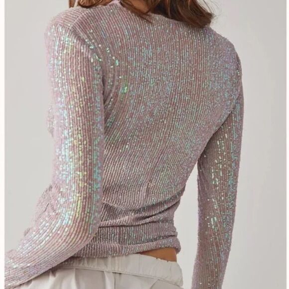 Nwt free people gold rush sequin long sleeve top champagne float purple - Picture 4 of 7